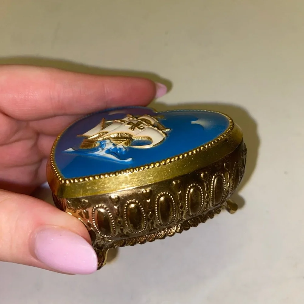 Sailing Ship Heart shape Trinket Box  Blue and Silver with Red Lining Vintage